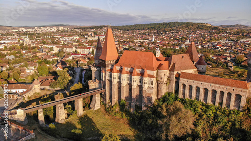 Aerial view of medieval Corvin Castle or Corvinilor or Hunyad Castle in Hunedoara, town in beautiful Transylvania, Romania.