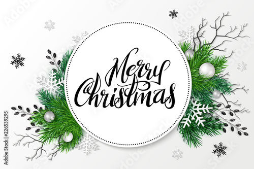 Vector illustration of greeting banner template with hand lettering label - merry Christmas - with realistic fir-tree branches, bauble, snowflakes, and decorative bead branches