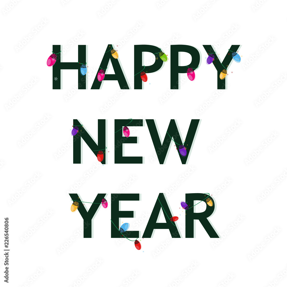 Happy New year text with colorful christmas light bulb. Happy new year greeting card Happy New year text with colorful christmas light bulb. Happy new year greeting card