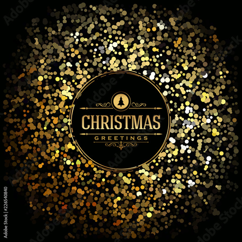 Christmas Greeting Card - Gold Glitter on dark background - Elegant Classic Typography