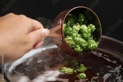 Woman adding fresh green hops to beer wort in pot, closeup
