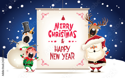 Santa Claus,Snowman,Reindeer and Elf with textual signboard.Vector illustration for Christmas greeting.
