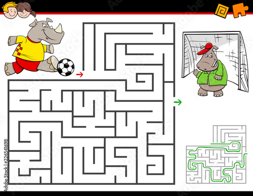 cartoon maze activity with rhino playing soccer