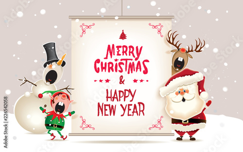 Santa Claus,Snowman,Reindeer and Elf,Christmas companion with textual signboard Happy New Year and Merry Christmas.