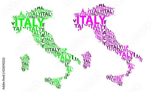 Sketch Italy (Italian or Apennine Peninsula) letter text map, Italian Republic - in the shape of the continent, Map Italy - green and purple vector illustration