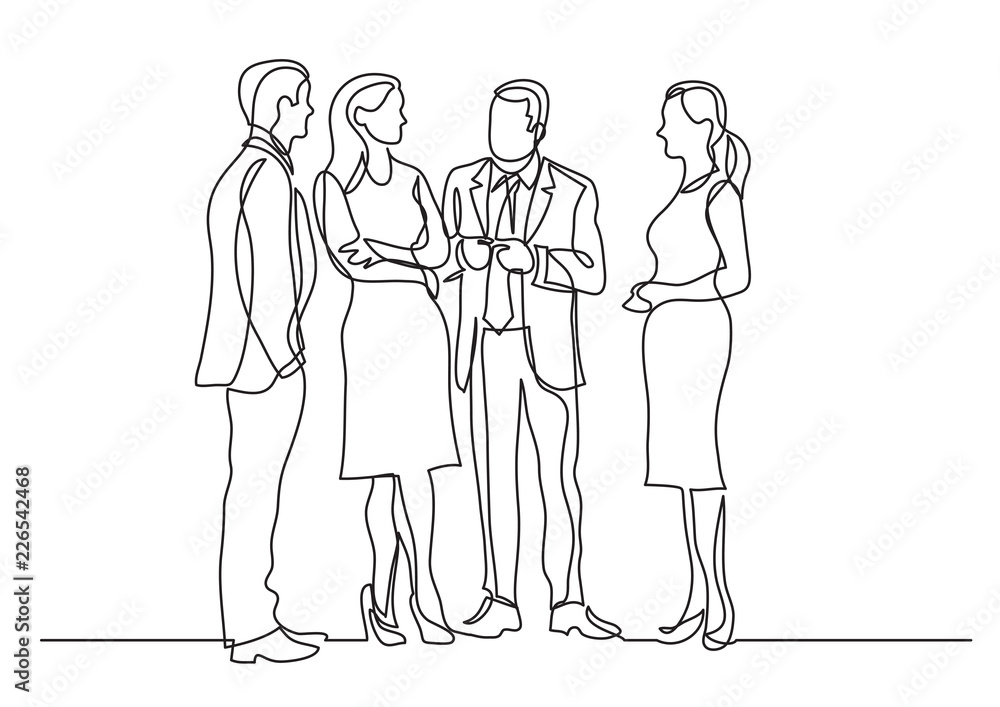 continuous line drawing of group of business professionals standing discussion continuous line drawing of group of business professionals standing discussion