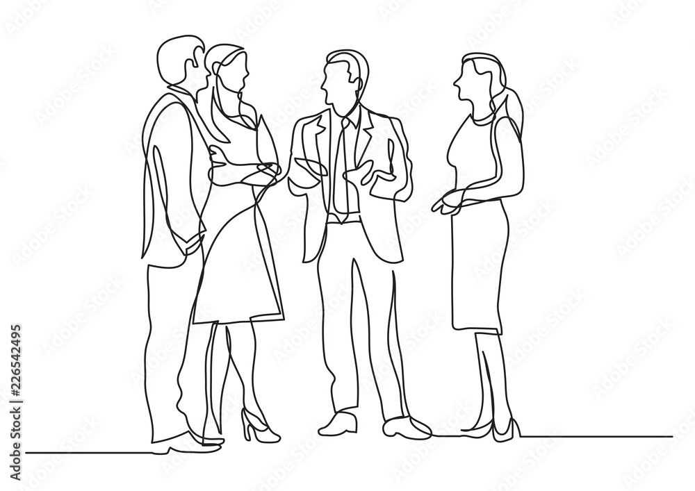 continuous line drawing of business professionals standing meeting