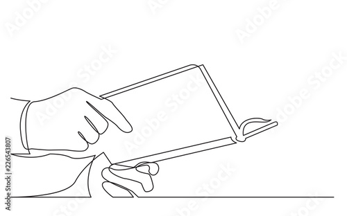 continuous line drawing of hands holding book
