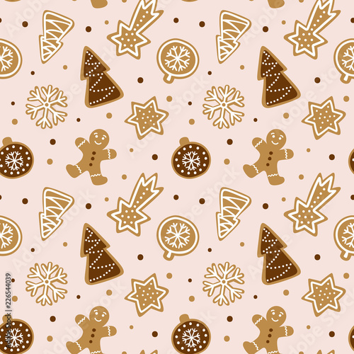 Hand drawn seamless pattern with cookie. Cute gingerbread repeating wallpaper. Vector design for Christmas season.
