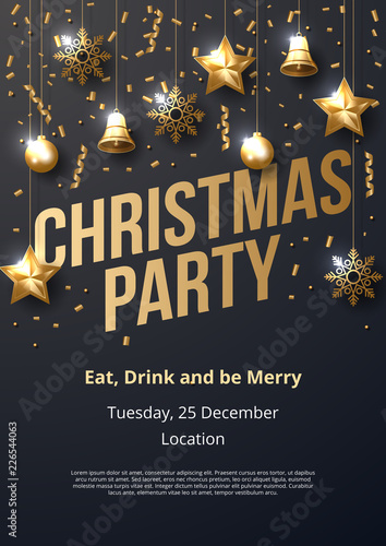 Christmas party poster template with shining gold ornaments. Made of snowflakes, gift, candy, bells, star, christmas ball. Vector illustration 