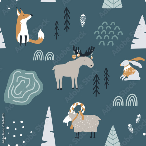 Hand drawn seamless pattern with fox, goat, elk and rabbit in forest. Scandinavian christmas design. Good for fabric, textile. Vector wallpaper.