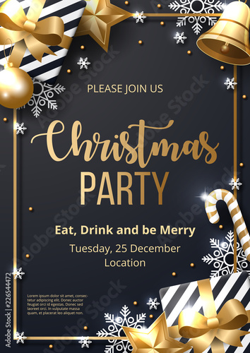 Christmas party poster template with shining gold and white ornaments. Made of snowflakes, gift, candy, bells, star, christmas ball. Vector illustration 
