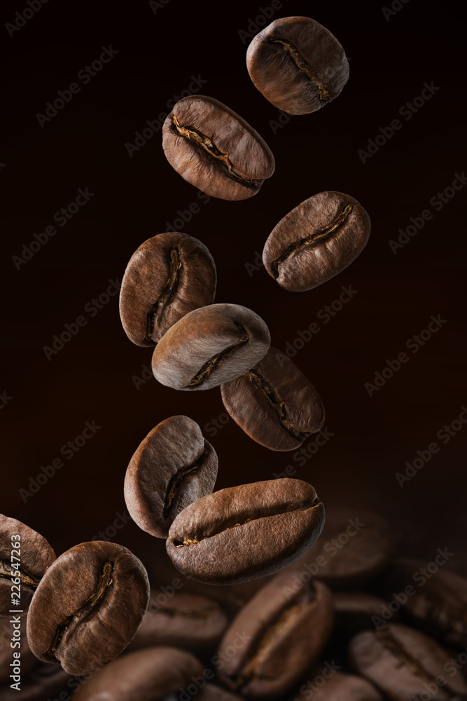 Fototapeta premium Roasted coffee beans falling on pile. Dark colors