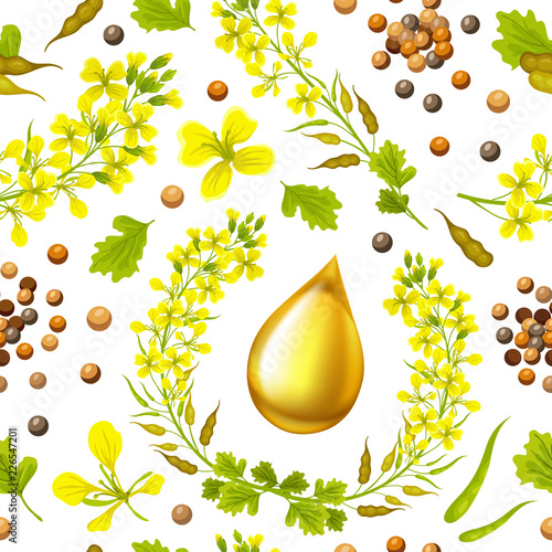 Seamless background of mustard, flower, seeds and oils. Vector illustration.
