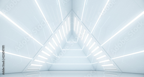 Abstract Triangle Spaceship corridor. Futuristic tunnel with light. Future interior background, business, sci-fi science concept. 3d rendering