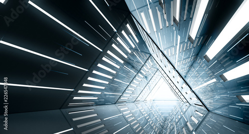 Abstract Triangle Spaceship corridor. Futuristic tunnel with light. Future interior background, business, sci-fi science concept. 3d rendering