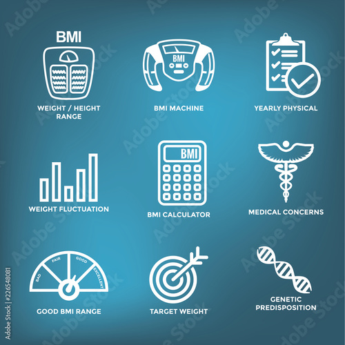 BMI - Body Mass Index Icon Set with BMI Machine, weight scale, etc