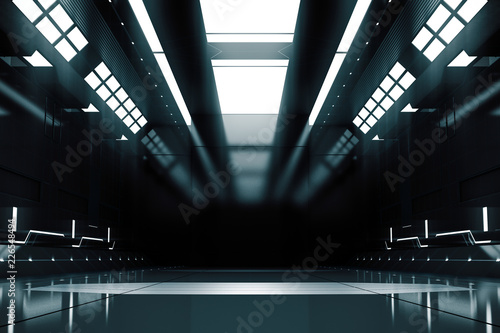 Fototapeta Naklejka Na Ścianę i Meble -  Futuristic tunnel with light. Spaceship corridor interior view.Future background, business, sci-fi or science concept. 3D Rendering.