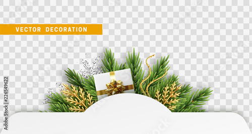 Christmas banner isolated on a transparent background. Design xams decorations, Christmas tree branches, gift boxes. Holiday decor