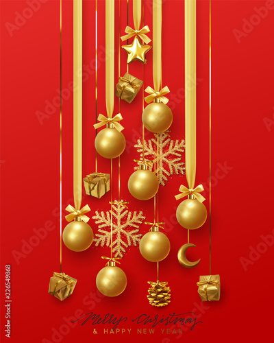 Christmas background greeting cards, banner, poster, bright invitations. Design hanging pine tree in golden ribbons holiday decorations balls and gifts the gold shining snowflake. Xmas illustration