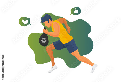 Plogging, vector illustration concept of fitness activity trend: jogging athlete picking up a bag of garbage, litter or trash.