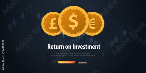 Return on Investment, ROI, Market and Finance, Investment trading, Coins and Candle stick graph on the Backround.