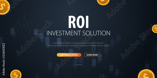 Return on Investment, ROI, Market and Finance, Investment trading, Coins and Candle stick graph on the Backround.