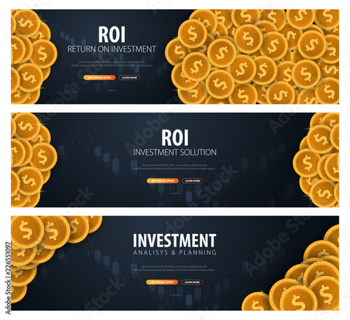 Set of Return on Investment, ROI, Market and Finance, Investment trading, Coins and Candle stick graph on the Backround.