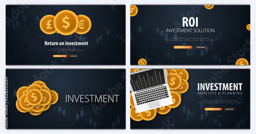Set of Return on Investment, ROI, Market and Finance, Investment trading, Coins and Candle stick graph on the Backround.