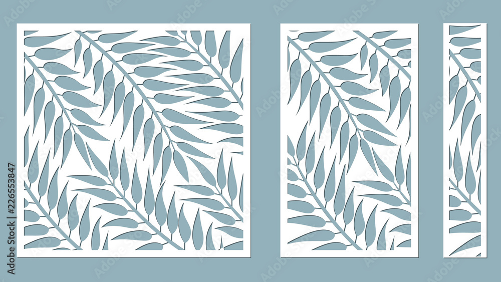 Naklejka premium Set template for cutting. Palm leaves pattern. Laser cut. Vector illustration. serigraphy. plotter and screen printing. serigraphy