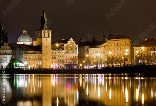 10 December 2017. Prague  Czech. Night Prague city with river and buildings lighted