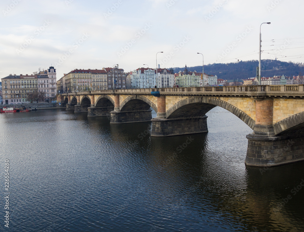Palackeho bridge on a river in Prague city