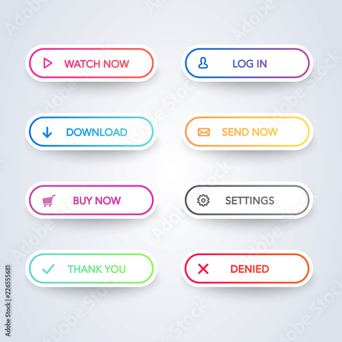 Different colorful button set on white background. Flat line gradient button collection. Vector web element