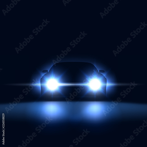 Night car with bright headlights approaching in the dark, silhouette of car with xenon headlights in the showroom, vector illustration
