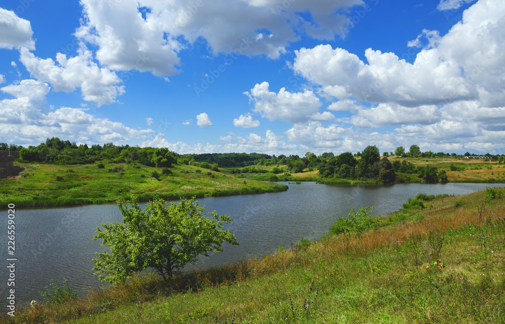 Sunny summer landscape with fields,river and beautiful woods.Tula region,Russia