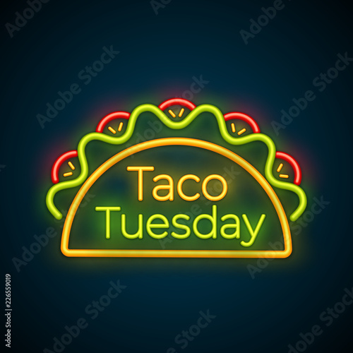 Traditional taco tuesday neon light sign vector illustration. Spicy tacos with beef, green salad and red tomato with big glowing label Taco Tuesday for restaurant or cafe night event advertising