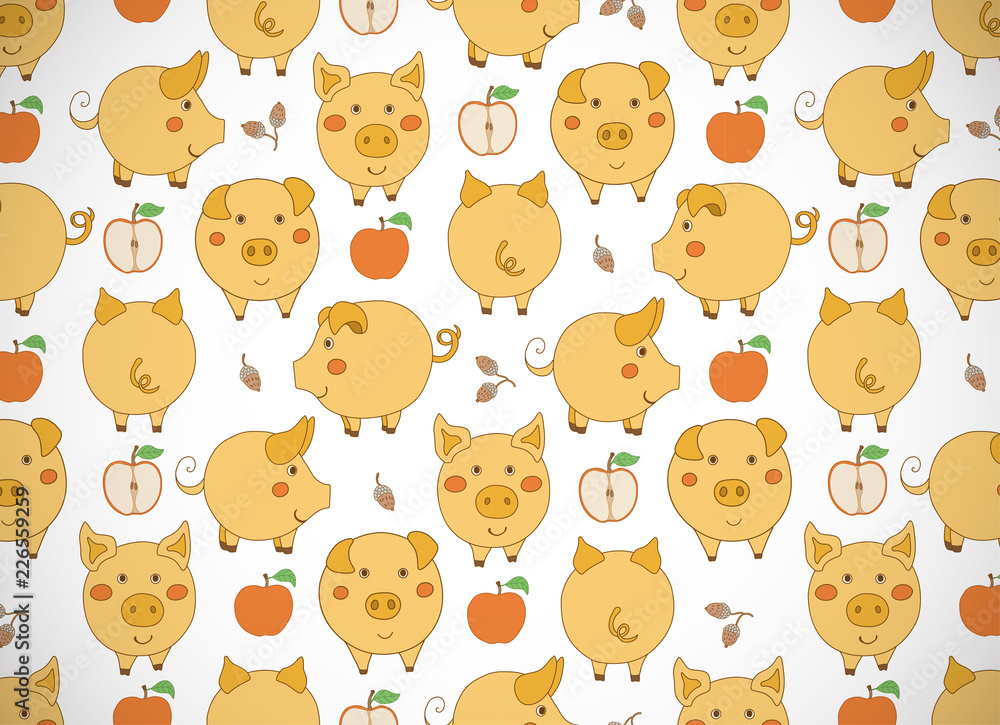 Fototapeta premium Horizontal greeting card with cute cartoon yellow pigs, apples and acorns on white backgrounds. Vector