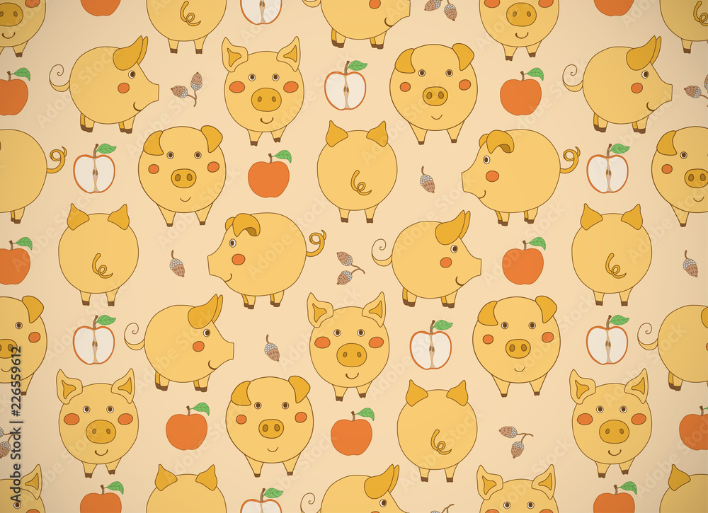 Horizontal greeting card with cute cartoon yellow pigs, apples and acorns on yellow. Vector