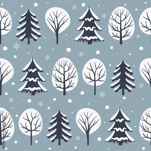 Seamless pattern with winter trees. Winter forest background. Christmas trees. Vector illustration.
