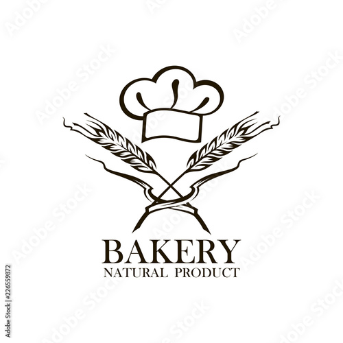 monochrome icon of wheat ears and baker hat isolated on white background