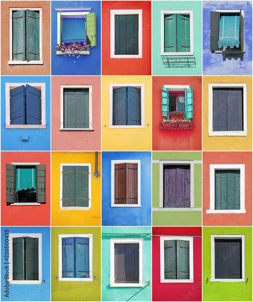 Collage of colorful windows with frames in Burano, Venice, Italy