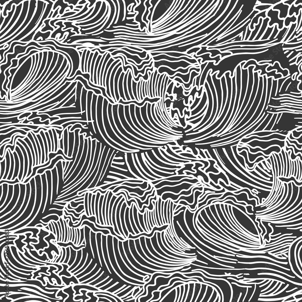 Simple drawing seamless abstract hand drawn pattern. Ocean waves black and white background. 