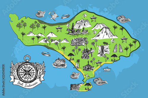 Drawing detailed Bali map with different sightseen places, objects and compass. Cartoon hand drawn island map. Touristic card or poster. photo