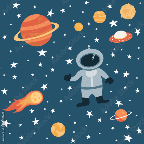 Happy astronaut in the stellar space with planets, asteroids, meteors, stars and ufos