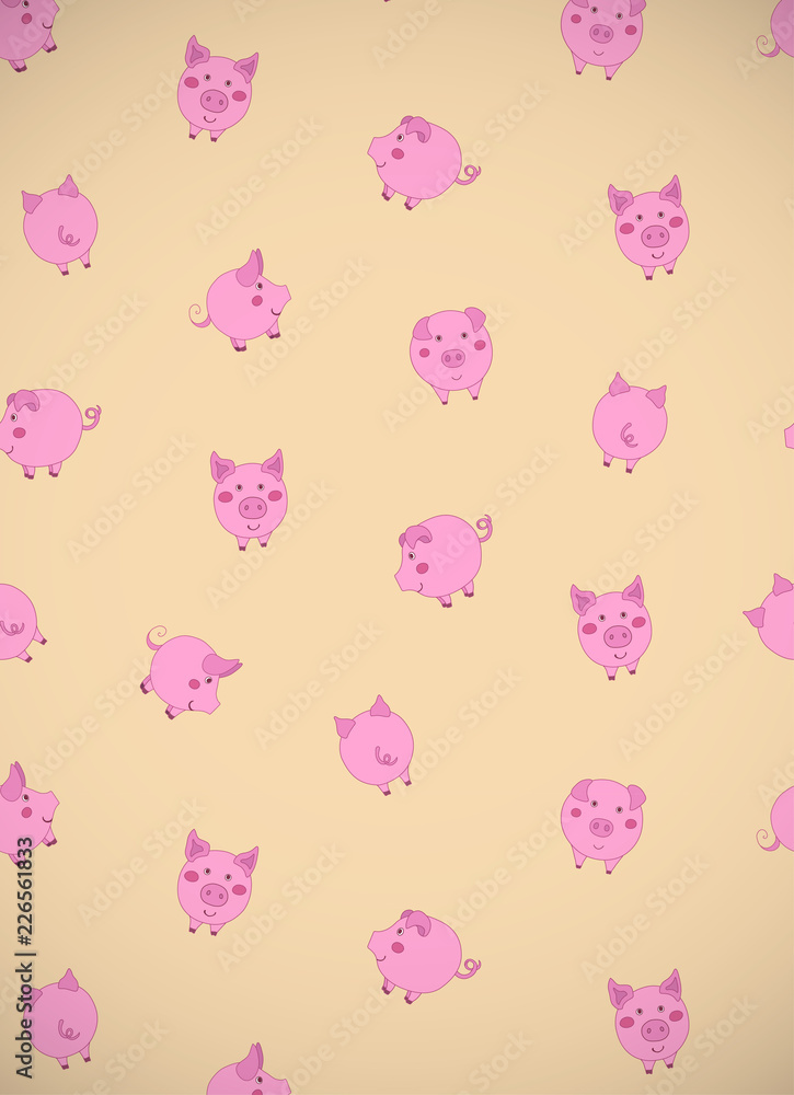 Vertical greeting card with cute cartoon pink pigs, apples and acorns on yellow. Vector