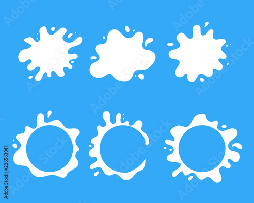 Set of various isolated white milk splash and spot. Fresh dairy products blots. Flat vector