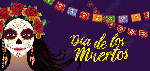 Day of dead, colorful banner and card with girl with traditional make-up and flowers in hair, Mexican holiday, sugar skull. Dia de los muertos party invitation. Vector illustration in flat style.