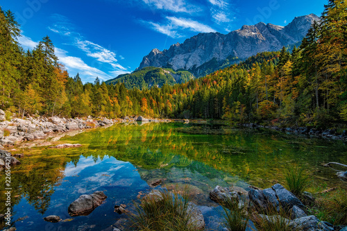 A beautiful view at the colourful Frillensee in Germany, near Zugspitze, Alps, October 2018