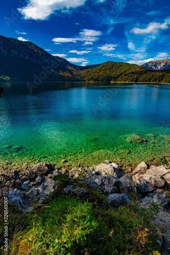 A beautiful view at the colourful sea "Eibsee" in Germany, Alps, October 2018