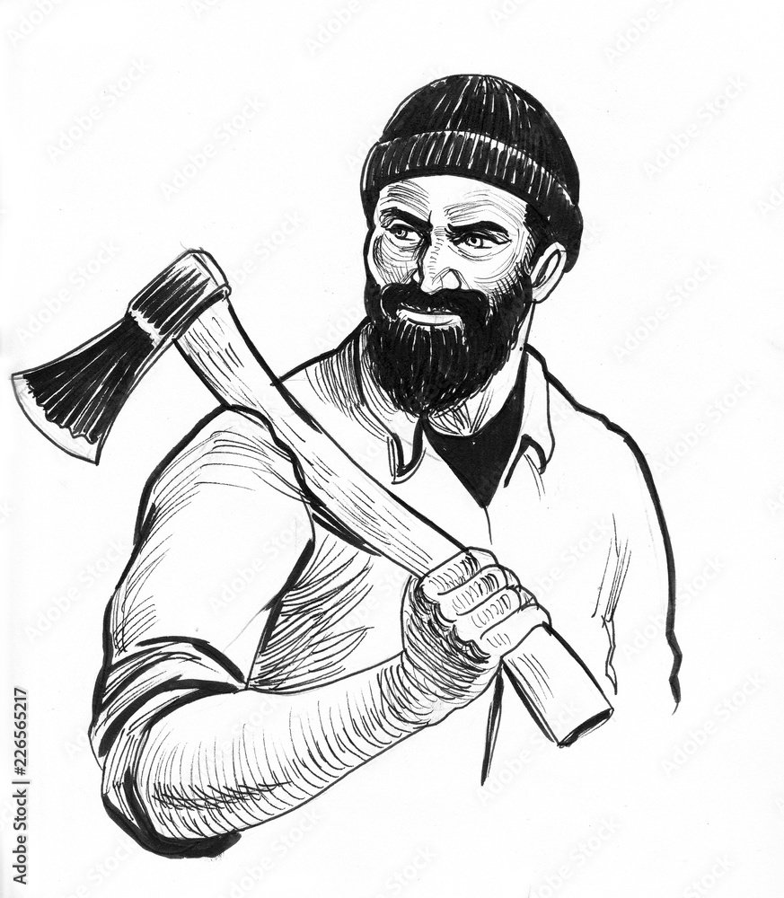 Lumberjack with an axe. Ink black and white illustration Stock Illustration  | Adobe Stock